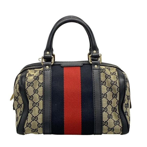 Auth GUCCI GG 269876 Navy Beige Red Jacquard Leather - Handbag - Picture 1 of 15